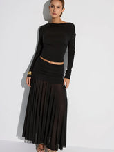 Draped Long Sleeve Top and Mesh Pleated Skirt Set